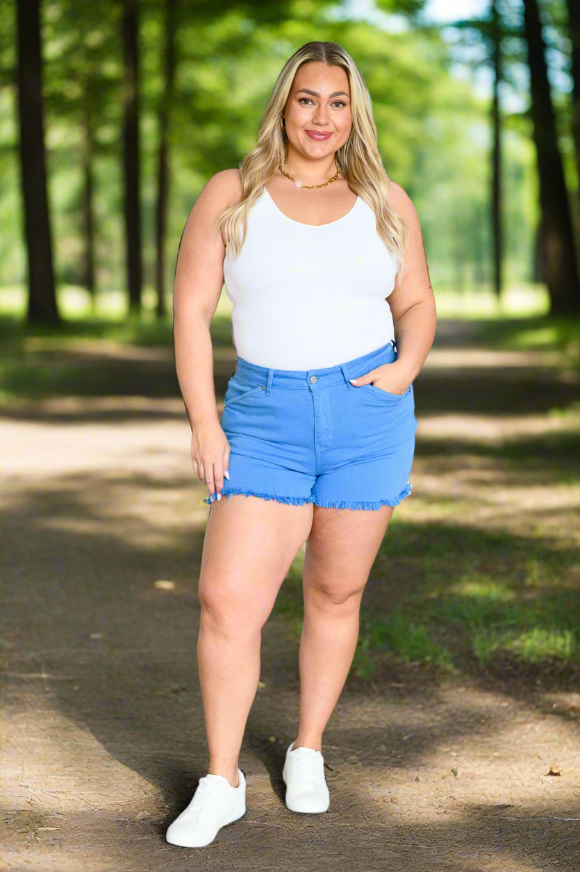 Judy Blue Celeste Shield Pocket Cutoff Shorts in Sky Blue