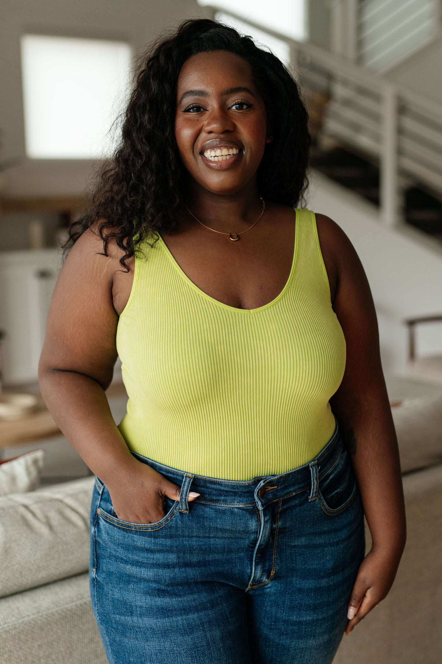 Ribbed Seamless Reversible Tank in Green