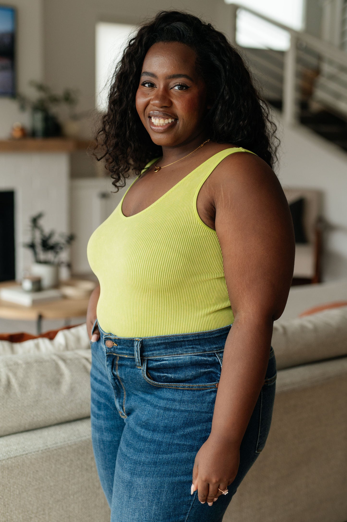 Ribbed Seamless Reversible Tank in Green