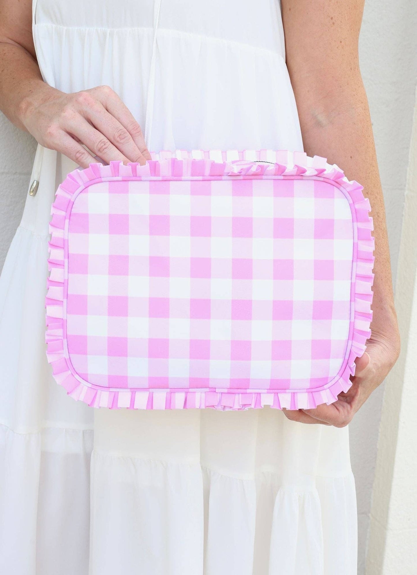 Pink & White Gingham Ruffled Pouch