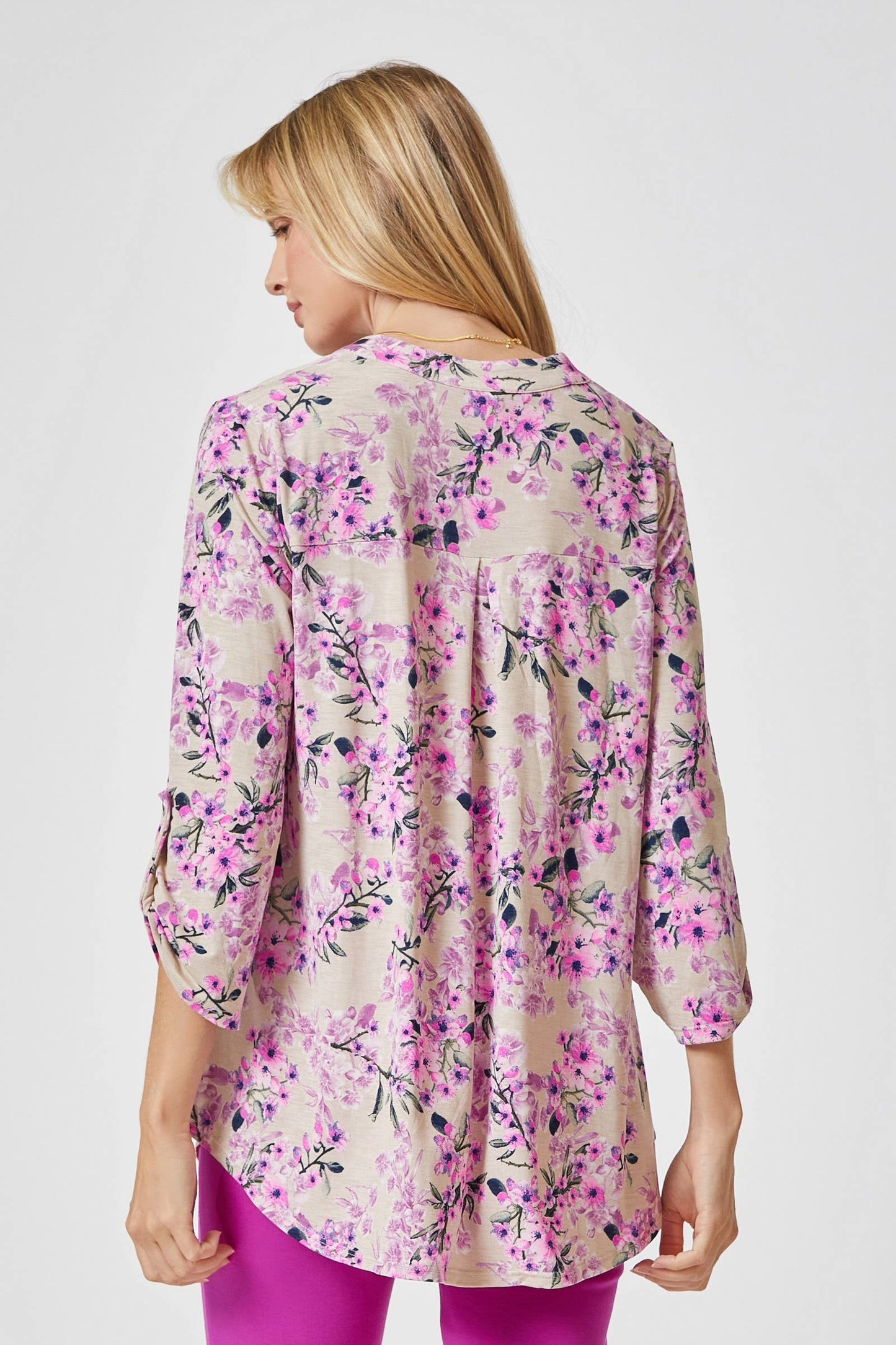 LIZZY Beige with Pink Cherry Blossom Print