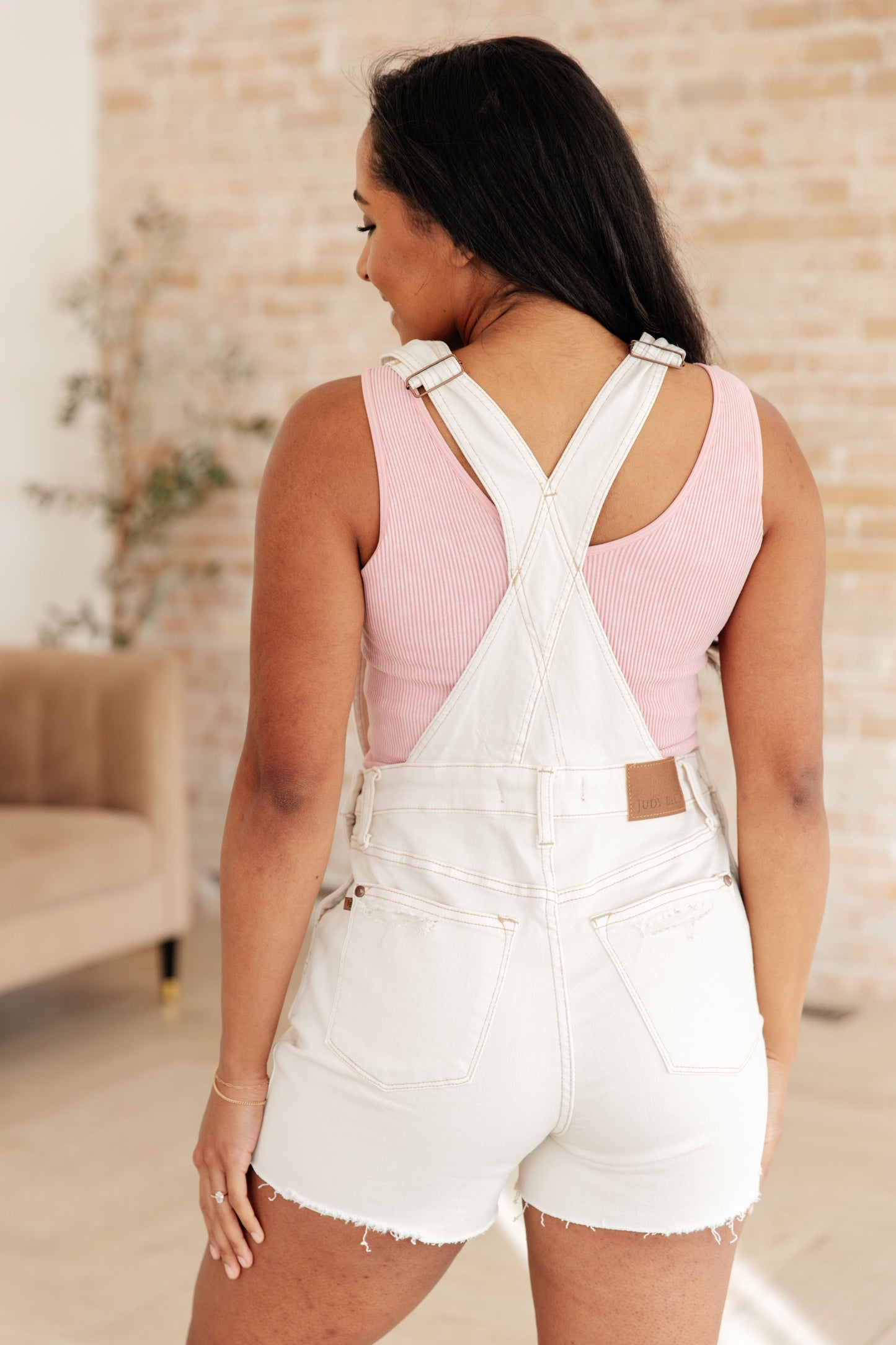 Judy Blue Anna High Rise Cutoff Shortalls in Ecru