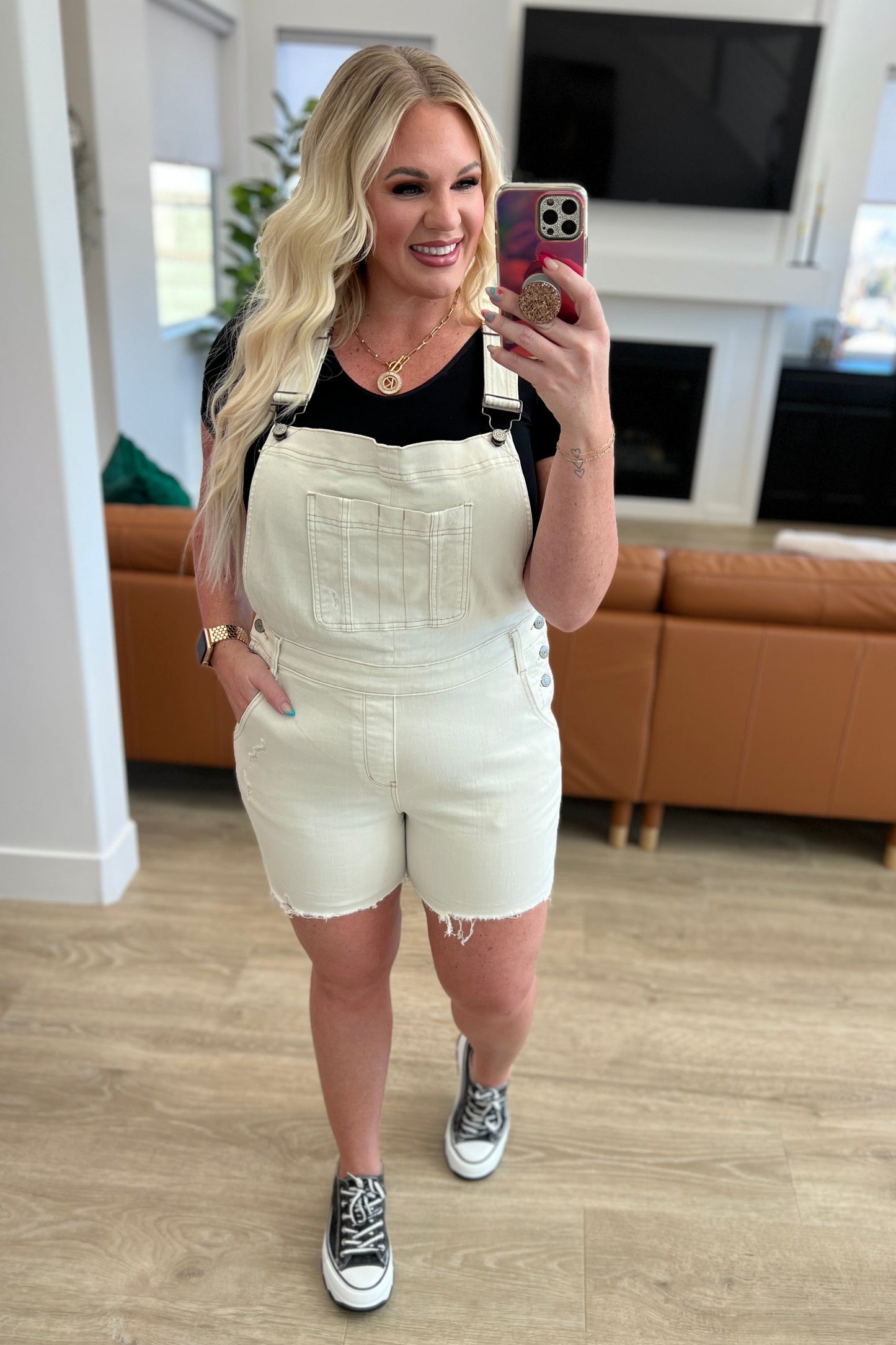 Judy Blue Anna High Rise Cutoff Shortalls in Ecru