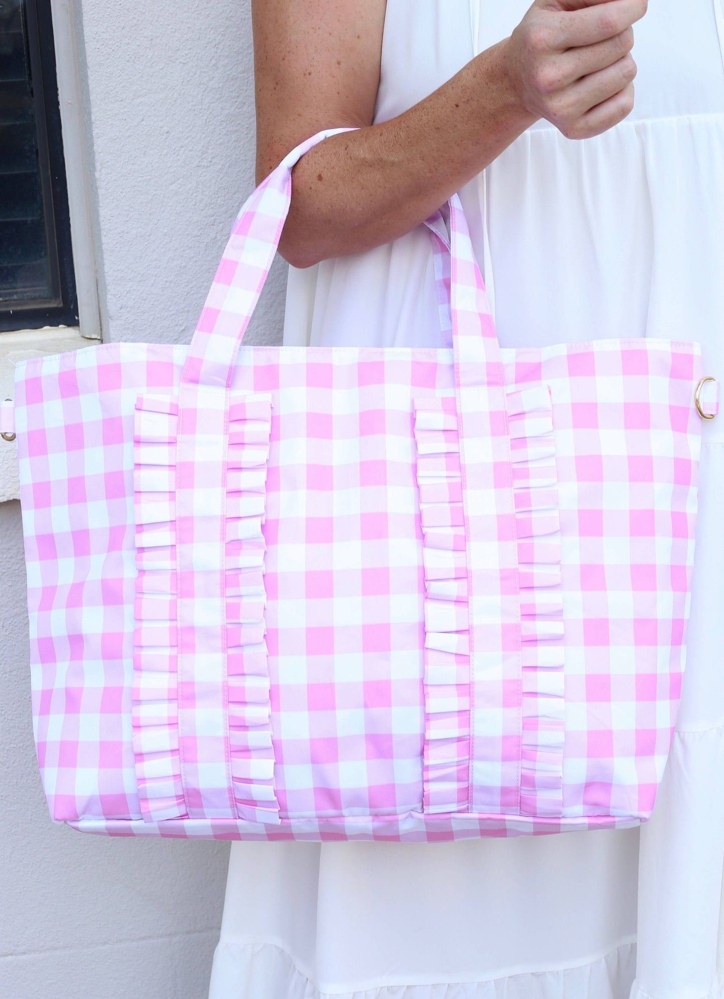 Pink & White Gingham Ruffled Tote