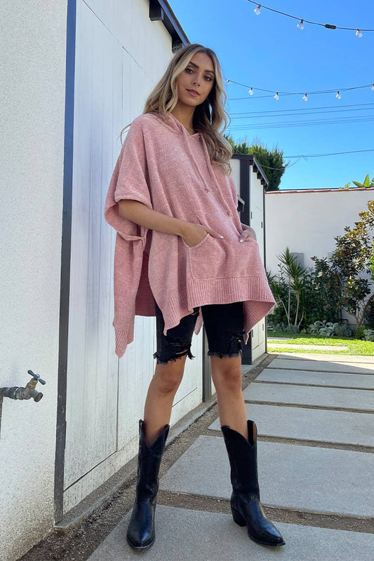 Blush Pink Chenille Hooded Poncho
